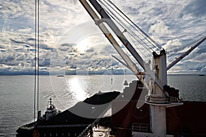 Panoramic night views of the roadstead and transshipment area of the Port of Muara Pantai, Indonesia, January,2021