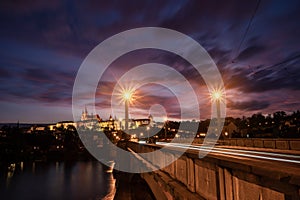 Panoramic nightscape above at Charles Bridge Prague Castle and river Vltava Prague Czech Republic