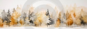 Panoramic Nordic landscape, watercolor painting of autumn forest in muted tones