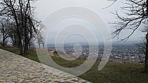 Panoramic observation deck on mount Mashuk on the city of Pyatigorsk. Autumn small town