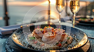 Panoramic Ocean View Rooftop Restaurant with Seared Scallops, Truffle Risotto, and Champagne