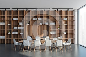 Panoramic office in white and grey with bookcase and conference table