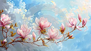 Panoramic oil painting of branch of magnolia tree with pink flowers