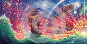 Panoramic oil painting sea landscape on canvas with fantasy sky, stars, clouds, waves, ship, beautiful sunset, sun light beams