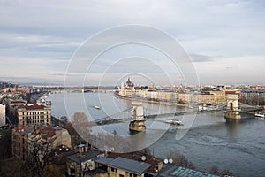Panoramic overview of Budapest on Danube river