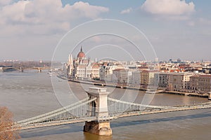 Panoramic overview of Budapest on foreground the Parliament building and chain bridge