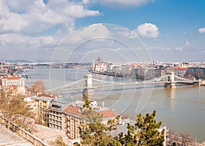 Panoramic overview of Budapest on foreground the Parliament building and chain bridge