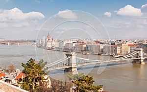 Panoramic overview of Budapest on foreground the Parliament building and chain bridge.