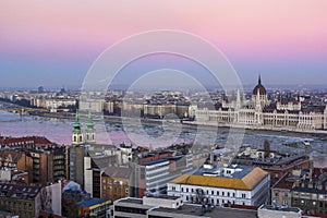 Panoramic overview of Budapest at pink sunset