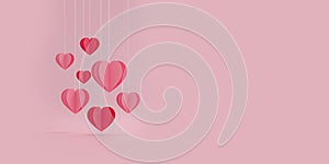 Panoramic of Paper cur Heart balloon floating on Pink background. Happy Valentine\'s Day