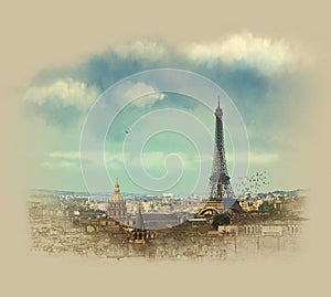 Panoramic Paris view Eiffel tower. Watercolor sketch. Sepia.