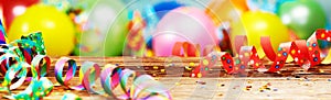 Panoramic party banner with balloons and streamers
