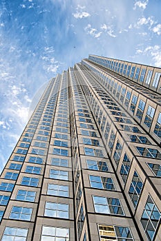 Panoramic and perspective wide angle view to steel blue background of glass