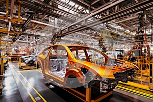 Panoramic photo automobile production line welding car body modern car assembly plant. Generative AI