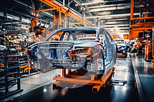 Panoramic photo automobile production line welding car body modern car assembly plant. Generative AI