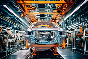 Panoramic photo automobile production line welding car body modern car assembly plant. Generative AI