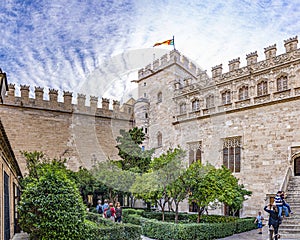 Panoramic photo of the courtyard of the silk trading building `La lonja de la Seda` in Valencia, Spain