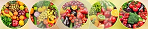 Panoramic photo fresh fruits and vegetables in round frame on bl