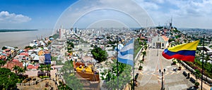 Panoramic photo of Guayaquil, Ecuador, South America, with flah and chruch from the mirador. Selective focus