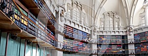 Panoramic photo of the interior of the historic Octagon Library at Queen Mary, University of London, Mile End UK.