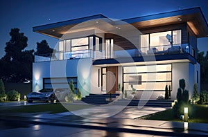 Panoramic photo of modern house with outdoor and indoor lighting, at night