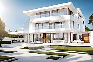 Panoramic photo of new style white villa with big garden Generated AI