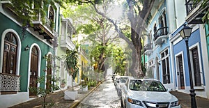 Panoramic photo of Old San Juan street in Puerto Rico photo