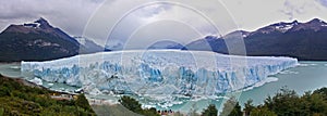 Panoramic photo Perito Moreno Glacier. Argentina, Los Glaciares National Park.