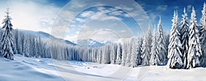 panoramic photo of the trees covered with snow in the snowland, copy space for text photo