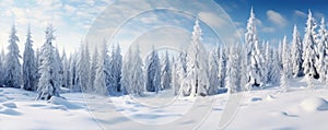 panoramic photo of the trees covered with snow in the snowland, copy space for text photo