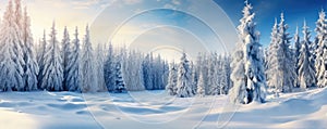 panoramic photo of the trees covered with snow in the snowland, copy space for text photo