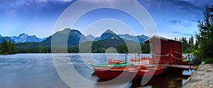 Panoramic picture of beautiful mountain lake Strbske Pleso at summer evening.