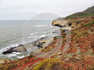 Panoramic picture at Cabrillo National Monument bluffs and tidepools. Coastal bluffs and tidepools are found along Point Loma