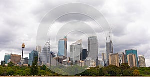 Panoramic picture of the city of Sydney`s skyline and skyscrapers. Cloudy sky. High concrete buildings and nature. Sydney, New