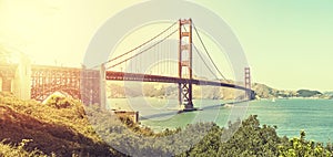 Panoramic picture of the Golden Gate Bridge at sunset, USA.