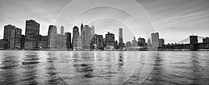 Panoramic picture of New York City skyline at dusk.