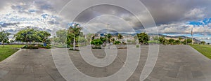 Panoramic picture over the promenade of the Funchal harbor on the Portugese island of Madeira in the evening