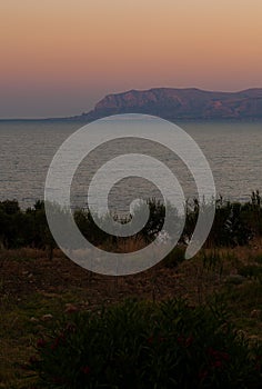 Panoramic picture. Sunrise on the paradise Mediterranean sea bay near Scopello