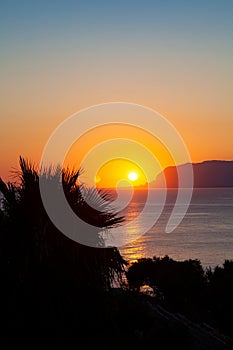 Panoramic picture. Sunrise on the paradise Mediterranean sea bay near Scopello