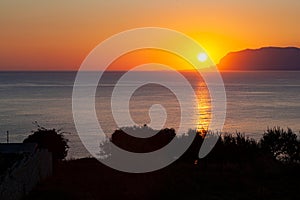 Panoramic picture. Sunrise on the paradise Mediterranean sea bay near Scopello