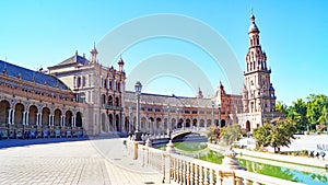 Panoramic of Plaza EspaÃ±a or MarÃ­a Luisa Park square in Seville photo