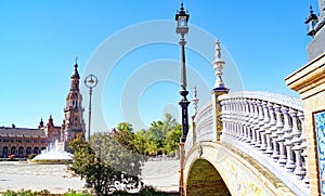 Panoramic of Plaza EspaÃ±a or MarÃ­a Luisa Park square in Seville, Andalusia photo