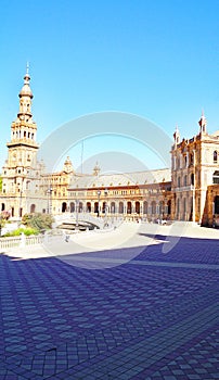 Panoramic of Plaza EspaÃ±a or MarÃ­a Luisa Park square in Seville photo