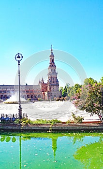 Panoramic of Plaza EspaÃ±a or MarÃ­a Luisa Park square in Seville photo