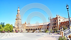 Panoramic of Plaza EspaÃ±a or MarÃ­a Luisa Park square in Seville photo