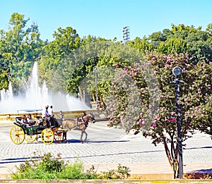 Panoramic of Plaza EspaÃ±a or MarÃ­a Luisa Park square in Seville photo