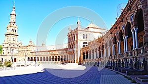 Panoramic of Plaza EspaÃ±a or MarÃ­a Luisa Park square in Seville photo