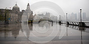 Panoramic Rainy Day Reflection of Shanghai's Stunning Architectural Skyline on the Bund