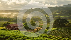 Panoramic ranch landscape with horses grazing on lush green pasture