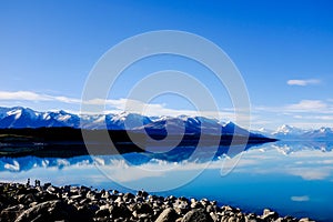 Panoramic Reflection of Mount Cook at Lake Pukaki, New Zealand.